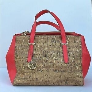 ANNE KLEIN RED FAUX LEATHER CORK METALLIC WOMENS SATCHEL HANDBAG BAG PURSE